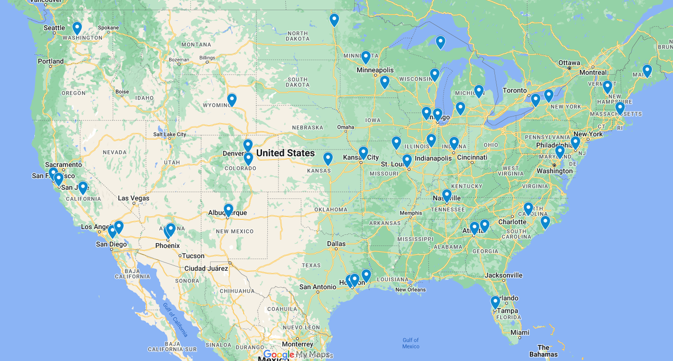 map of the US with HHK clients marked in blue.