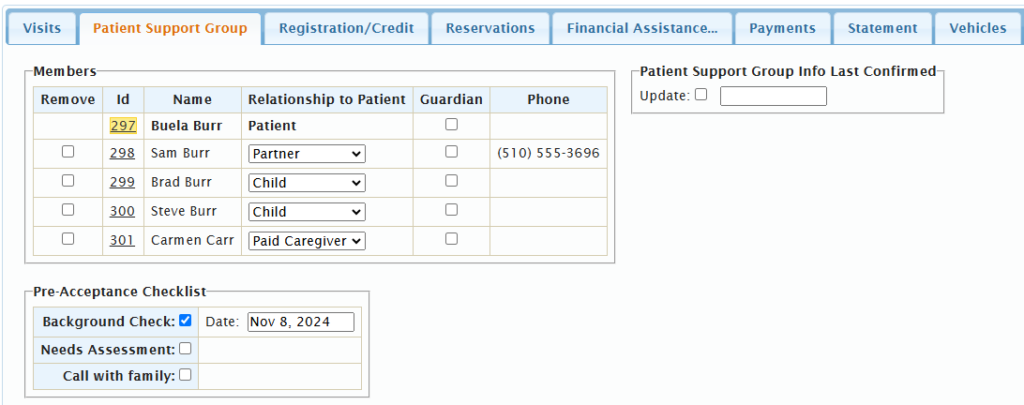 Track guests, patients, and their support network.